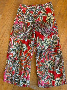 C&C California Tropical Print 100% Linen Cropped Wide Leg Pants Size Small
